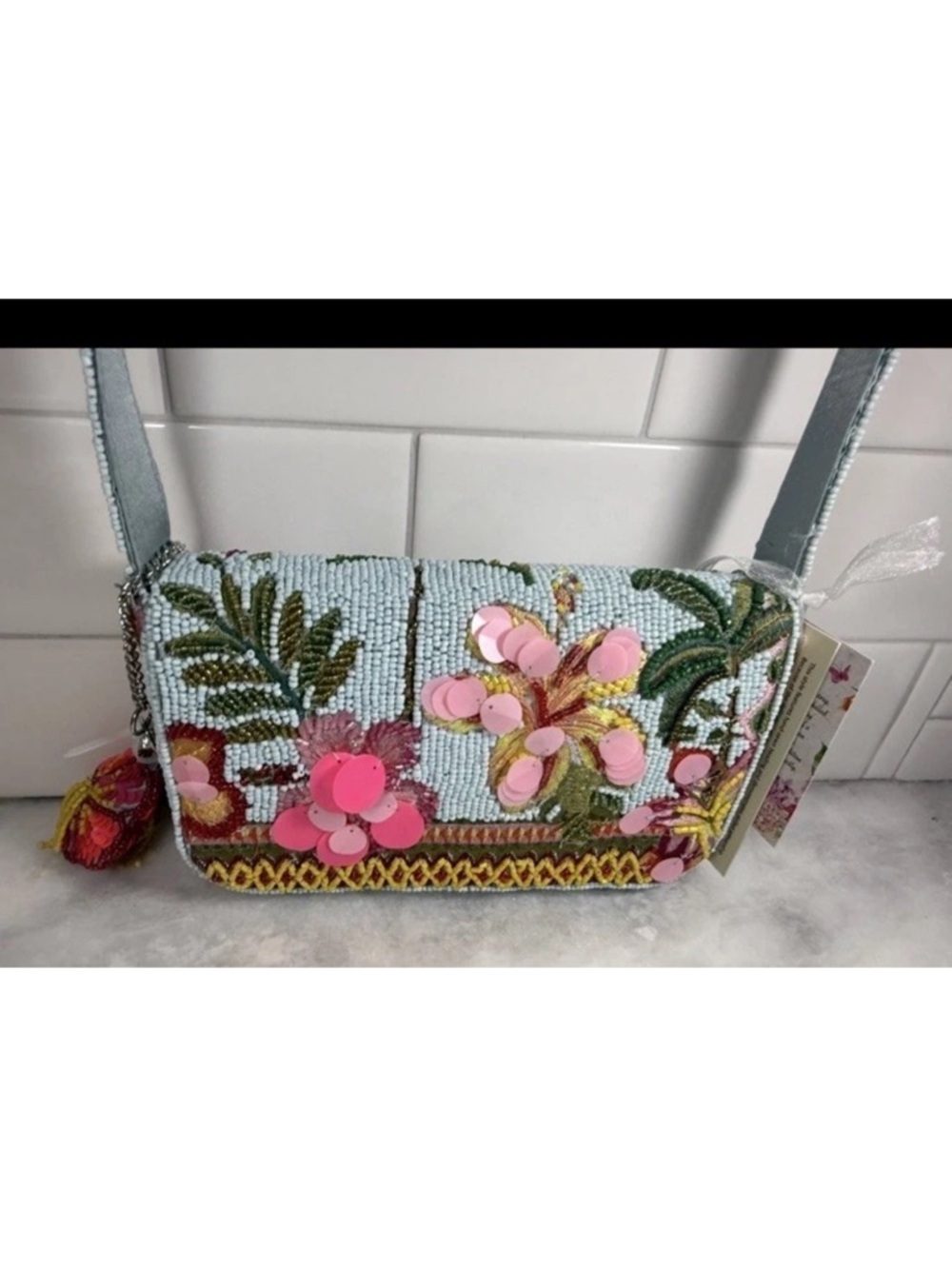 Handcrafted in India Beaded Bag Vibrant Colorful Flower Design bag NWT